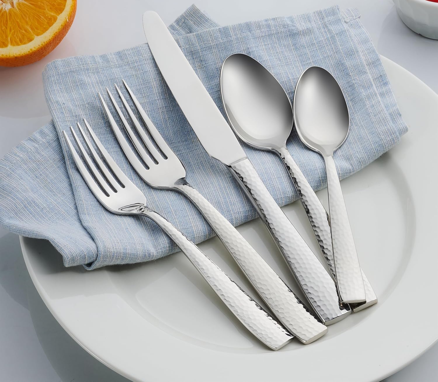 Hudson Essentials 89-Piece Hammered 18/10 Stainless Steel Silverware Cutlery Set with Serving Set, Flatware Service for 12
