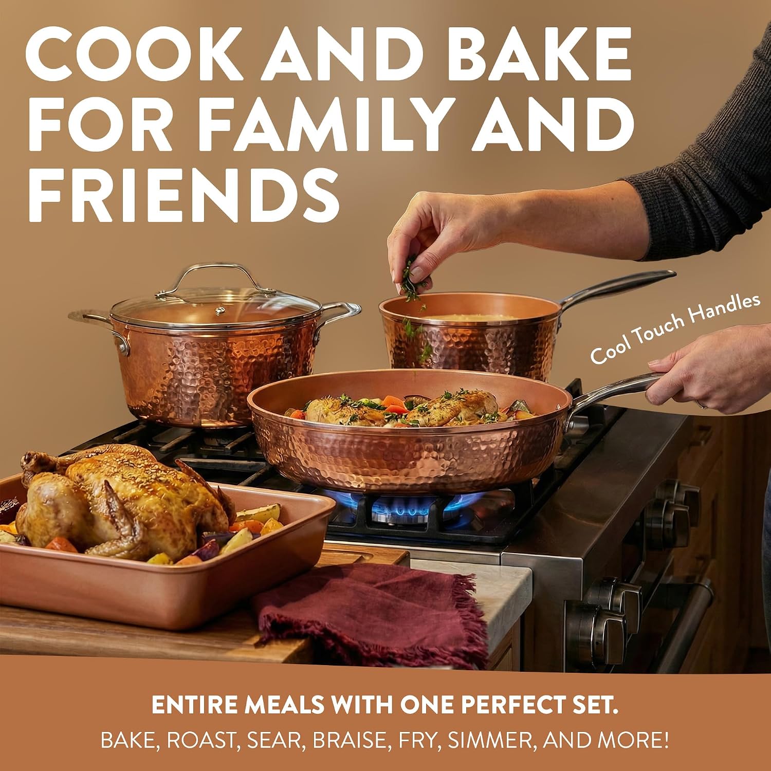 Gotham Steel Hammered 24 Pc Ceramic Cookware Set Nonstick, Induction Ceramic Pots and Pans Set Non Stick with Deep Square Pan Set & Bakeware Set, Non Toxic PFOA PFOS Free, Oven & Dishwasher Safe