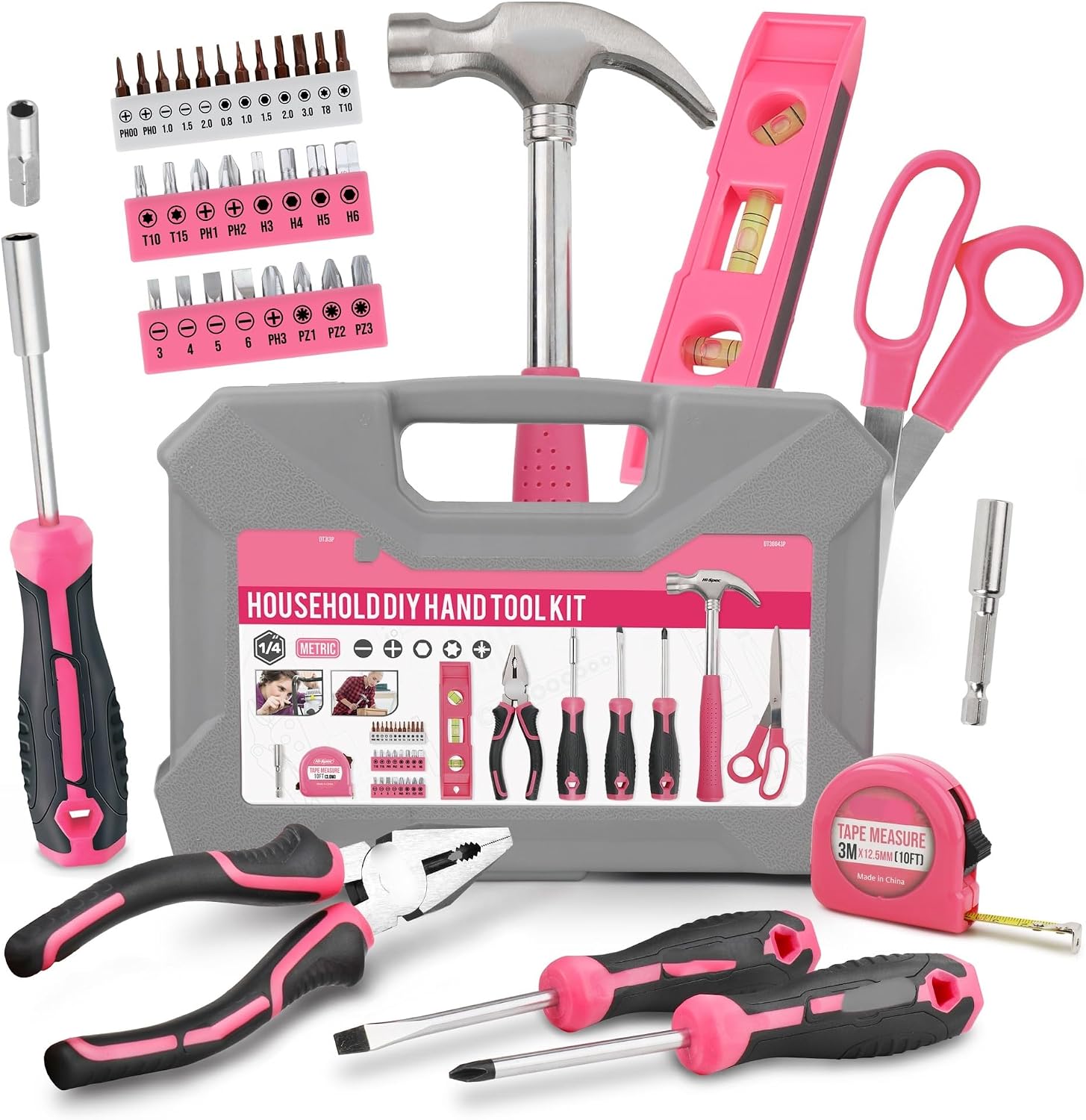 18pc Pink Compact Home Tool Set w/Leveling Device& Compatible with CR-V Pliers-Women's DIY Repair Kit with A4-Size Organizer, Gift-Ready(42pcs)