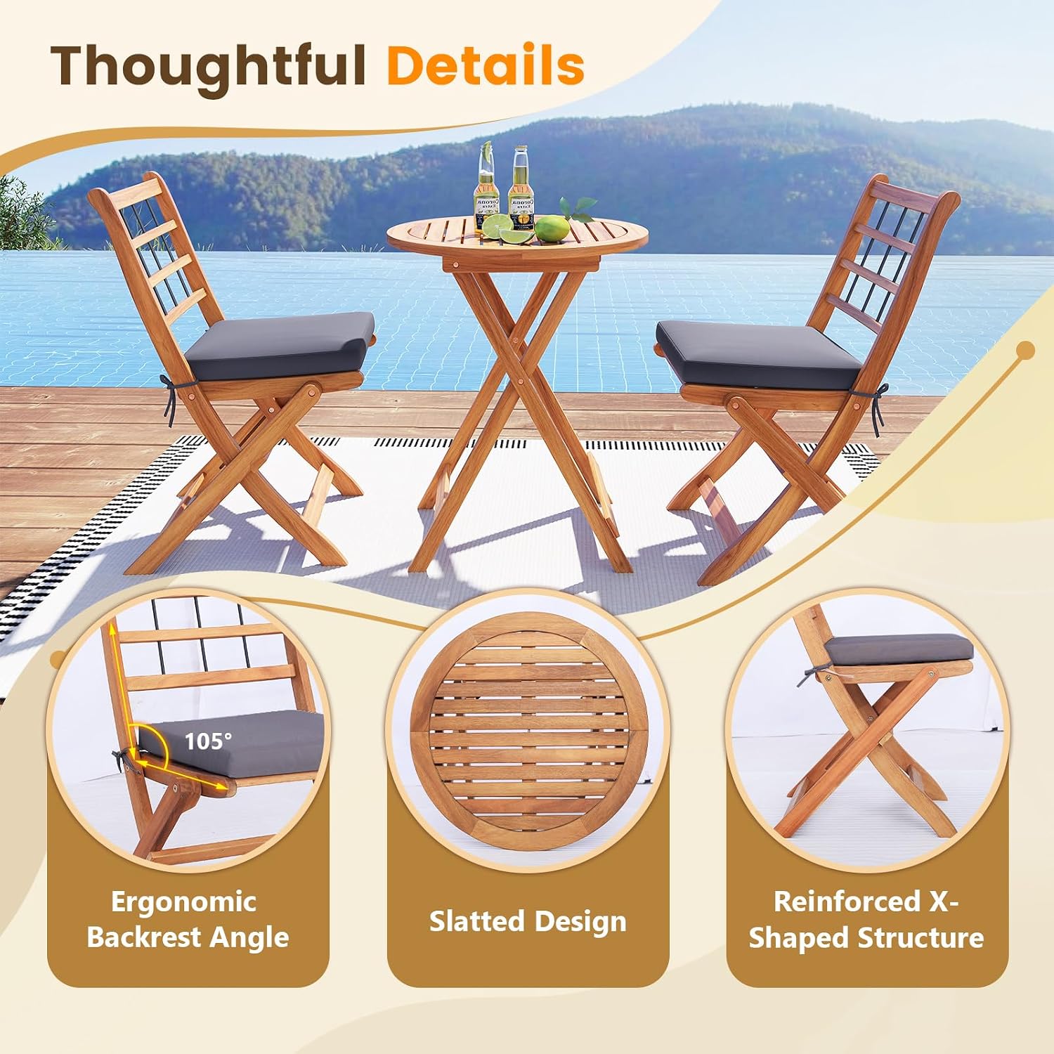 Tangkula 3 Piece Patio Wood Bistro Set, Folding Table Chair Set w/Soft Seat Cushions, Acacia Wood Frame, High-Back Portable Chairs w/Table for Backyard, Poolside (Grey)