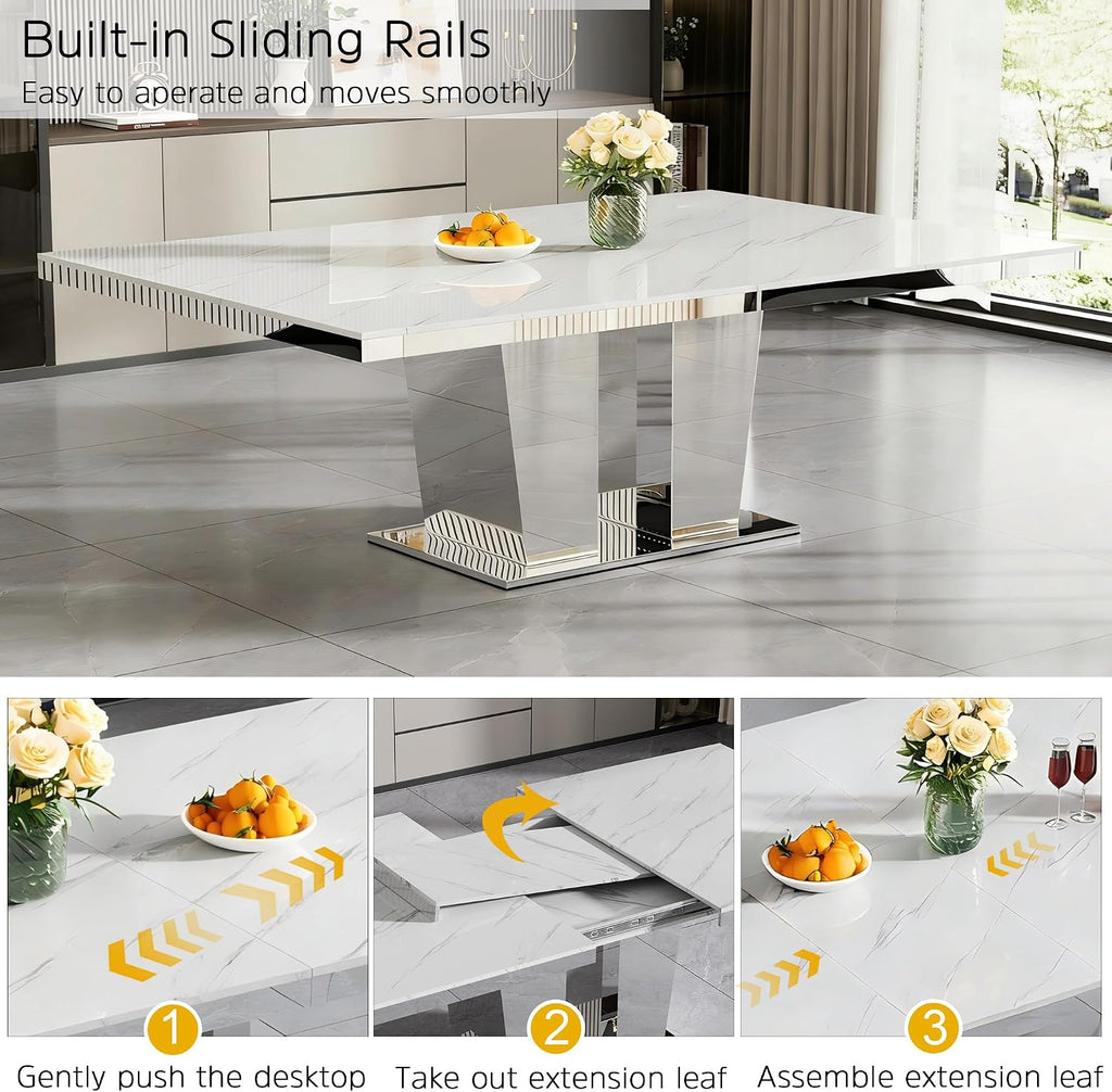 94 inch Extendable Dining Table for 6 8 10, Modern Expandable Kitchen Table with White Faux Marble Top & Silver Mirrored Base, Large Luxury Faux Marble Dining Room Table for Dinner Family Gathering