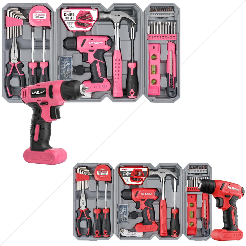 Hi-Spec 58pc Pink 8V USB Electric Power Cordless Drill Driver & Tool Kit Set and 58pc Red 8V USB Electric Power Cordless Drill Driver & Tool Kit Set