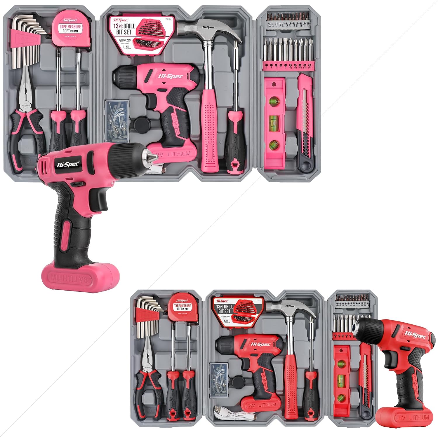 Hi-Spec 58pc Pink 8V USB Electric Power Cordless Drill Driver & Tool Kit Set and 58pc Red 8V USB Electric Power Cordless Drill Driver & Tool Kit Set