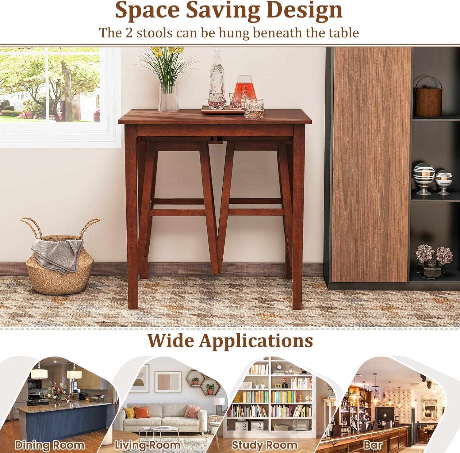 Giantex Bar Table and Chairs Set - 3-Piece Counter Height Dining Table Set with Hangable Bar Stools, Wood Veneered Tabletop, Rubber Wood Legs, Space Saving Dinette Set, Breakfast Nook Table Set, Brown