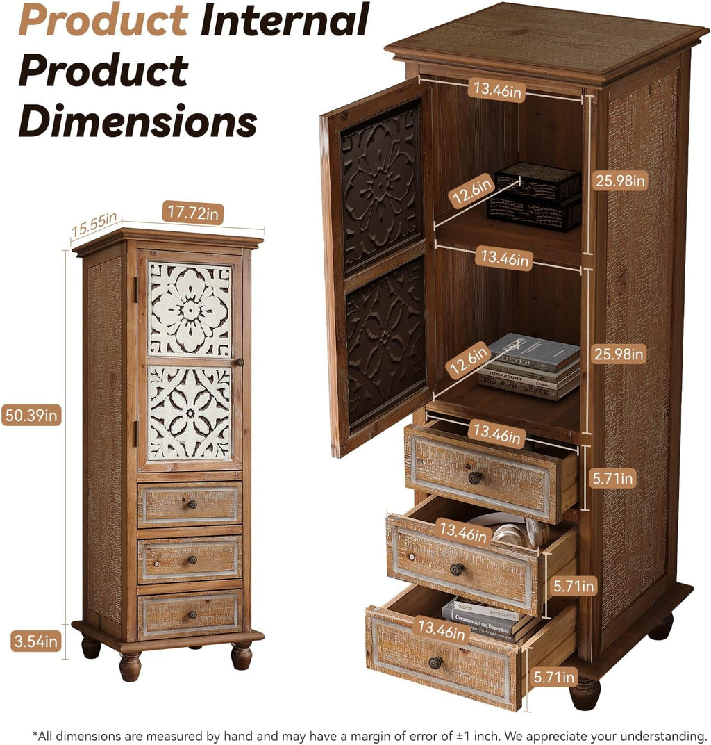 LKTART Solid Wood Accent Storage Cabinet with Carved Doors,54' Tall Thin Storage Cabinet with Drawers for Entryway,Kitchen,Living Room
