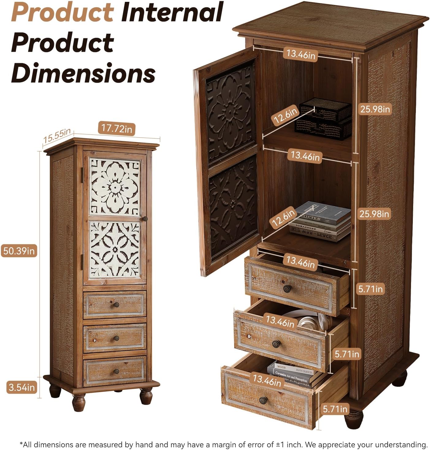 LKTART Solid Wood Accent Storage Cabinet with Carved Doors,54' Tall Thin Storage Cabinet with Drawers for Entryway,Kitchen,Living Room