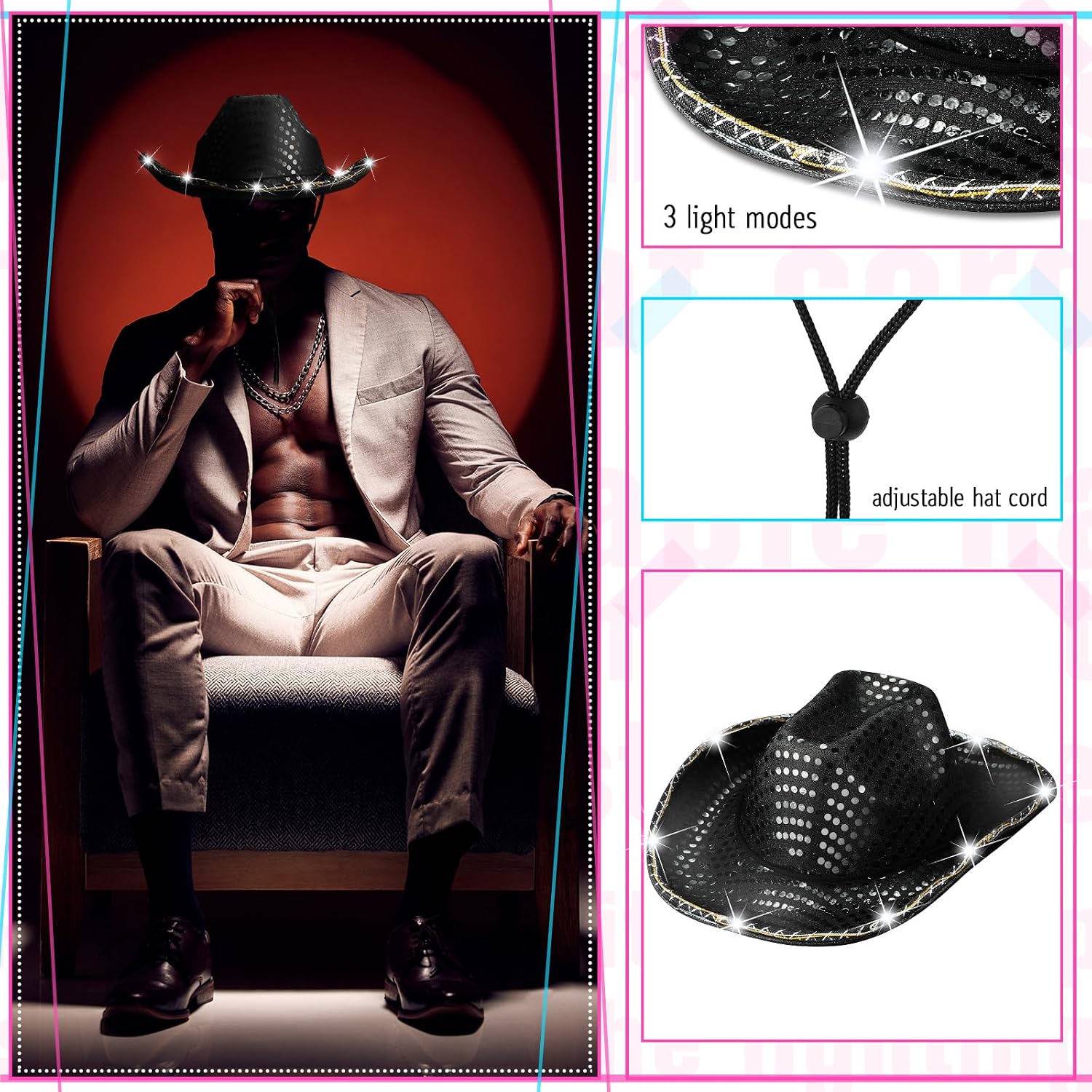 Tisancy 20 Pack Lights Cowboy Cowgirl Hat LED Flashing Light Up Hat for Western Bachelorette Party Wedding Bridal