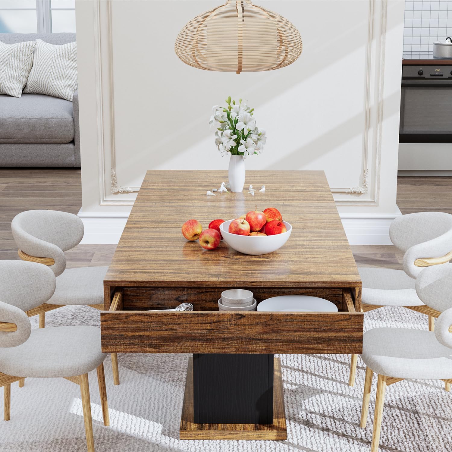 55' Dining Table for 4 to 6 People, Farmhouse Wood Dinner Table with Drawers & Led Lights for Kitchen, Dining Room & Living Room (Oak Brown & Black)