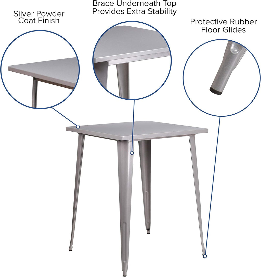 EMMA + OLIVER Commercial Grade 31.5' Square Silver Metal Indoor-Outdoor Bar Height Table