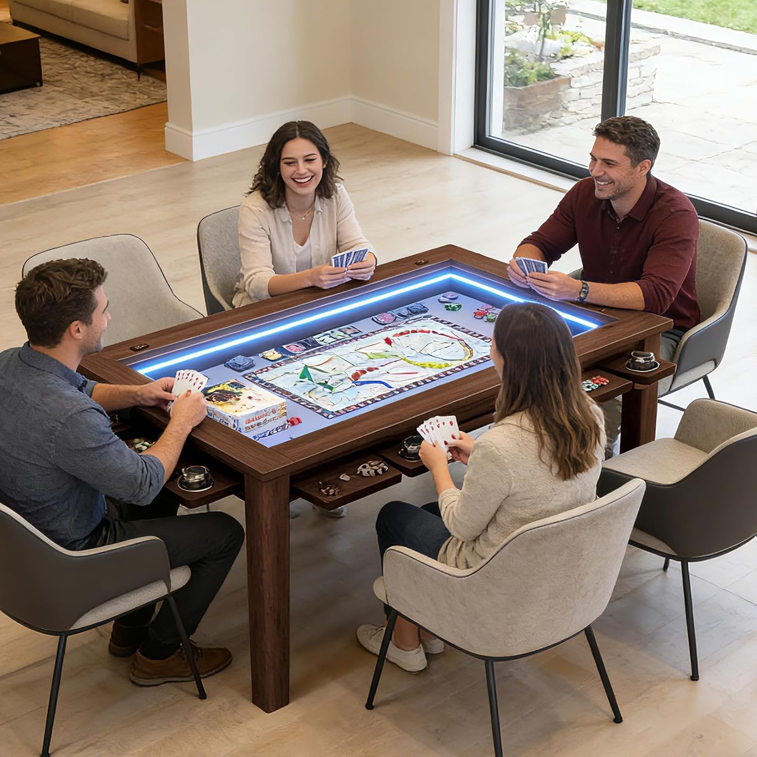 Haddockway Board Game Table with Adjustable Led Lights, 53.7in x 30.7in Play Area Removable Table Top Dining/Gaming Table with Charge Station, Play Mat, 6 Cup Holders & Trays (Black Walnut)