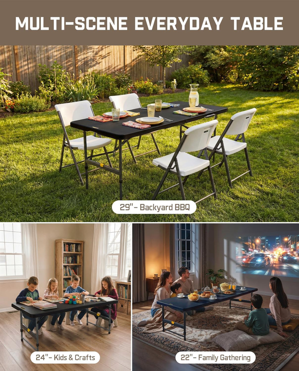 FanttikOutdoor 6ft Folding Table, 3 Heights, One-Handed Height Adjustment, Gravity Lock, Carry Handle, Indoor Outdoor Heavy Duty Fold-in-Half Portable Utility Table, Party, Black Zeta X6 Pro