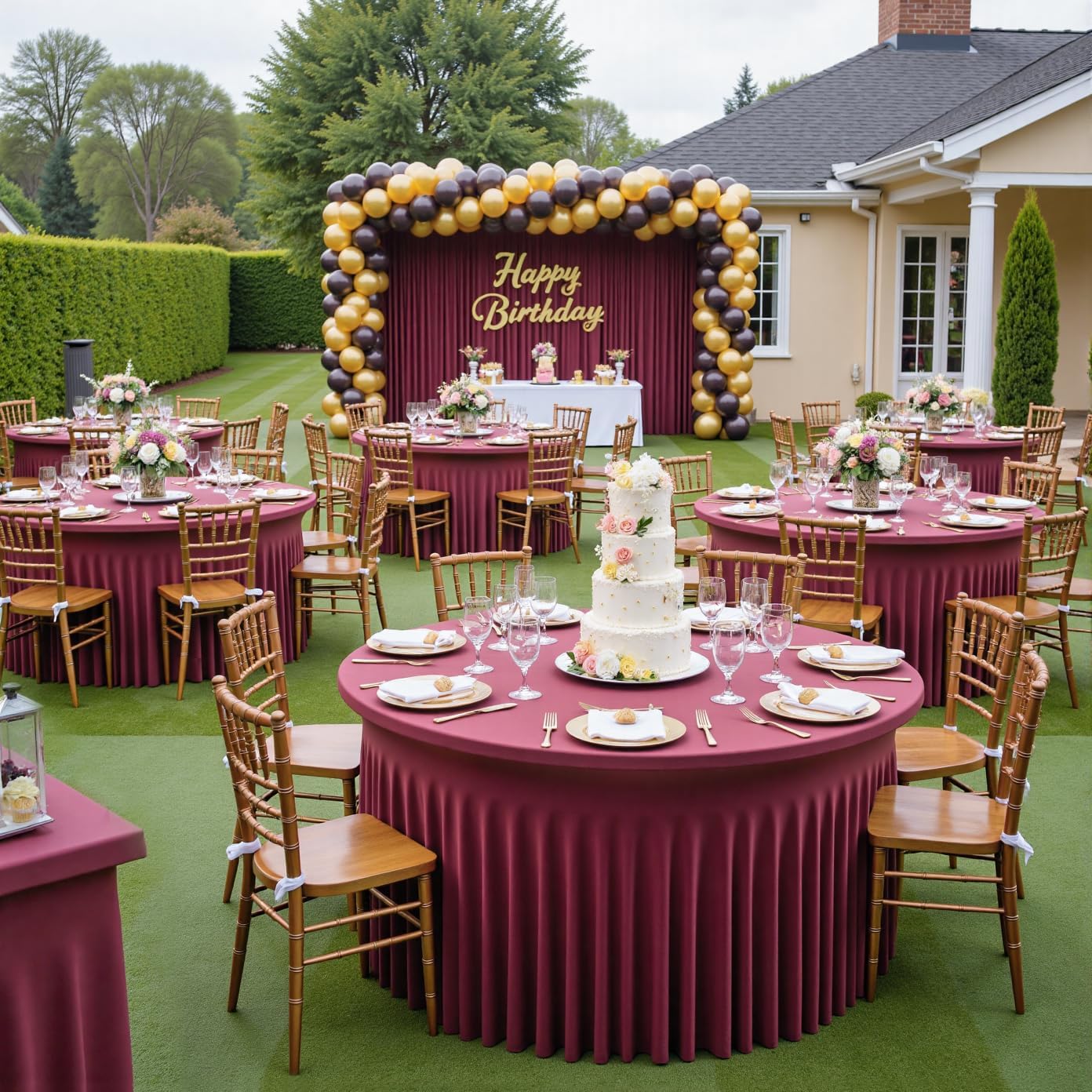 Outpain 6 Pack Spandex Burgundy Round Tablecloths for 60in Tables, 120Inch Stretchy Fitted 5FT Round Table Clothes,Wrinkle Free Table Cover with Skirt for Wedding Party Dining Banquet