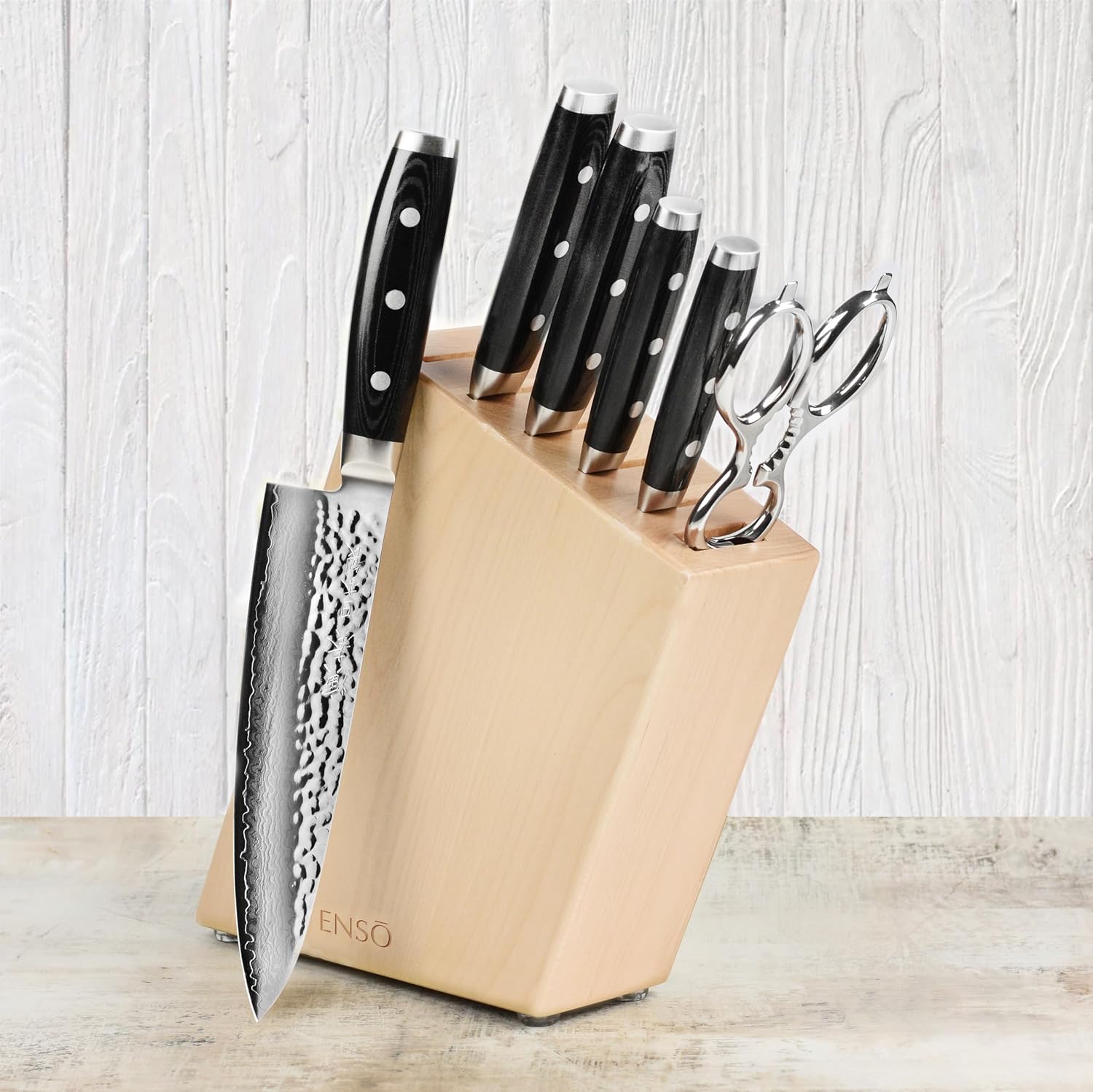 Enso Knife Set - Made in Japan - HD Series - VG10 Hammered Damascus Japanese Stainless Steel with Birch Knife Block - 7 Piece