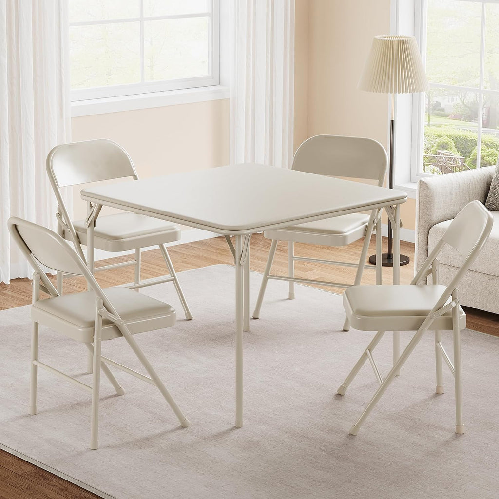 Folding Card Table and Chair Set of 3, Portable Square Card Table with 4 Upholstered Chairs, Foldable Chairs and Tables for Indoor and Outdoor Use, Space-Saving, No Assembly Required, Beige