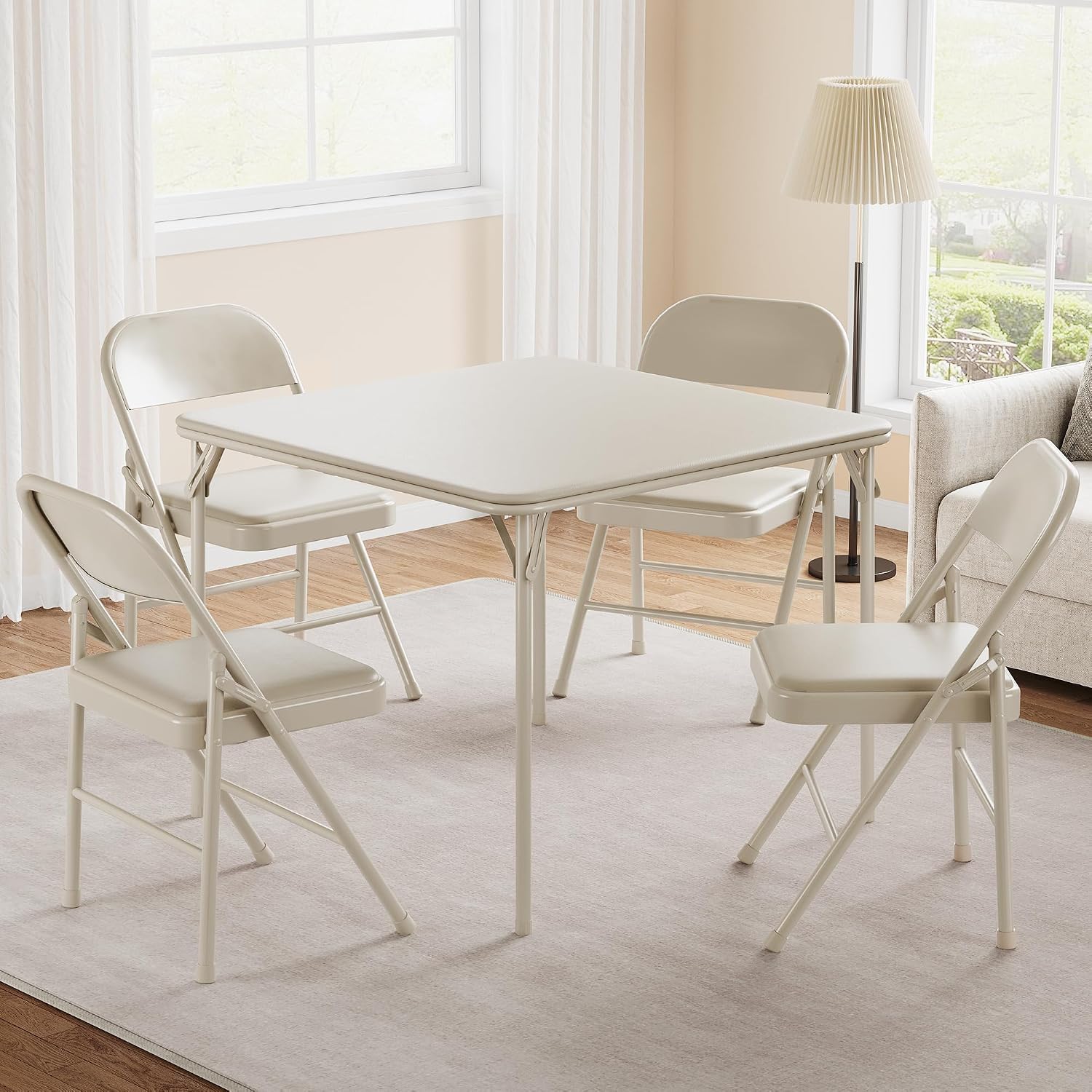 Folding Card Table and Chair Set of 3, Portable Square Card Table with 4 Upholstered Chairs, Foldable Chairs and Tables for Indoor and Outdoor Use, Space-Saving, No Assembly Required, Beige