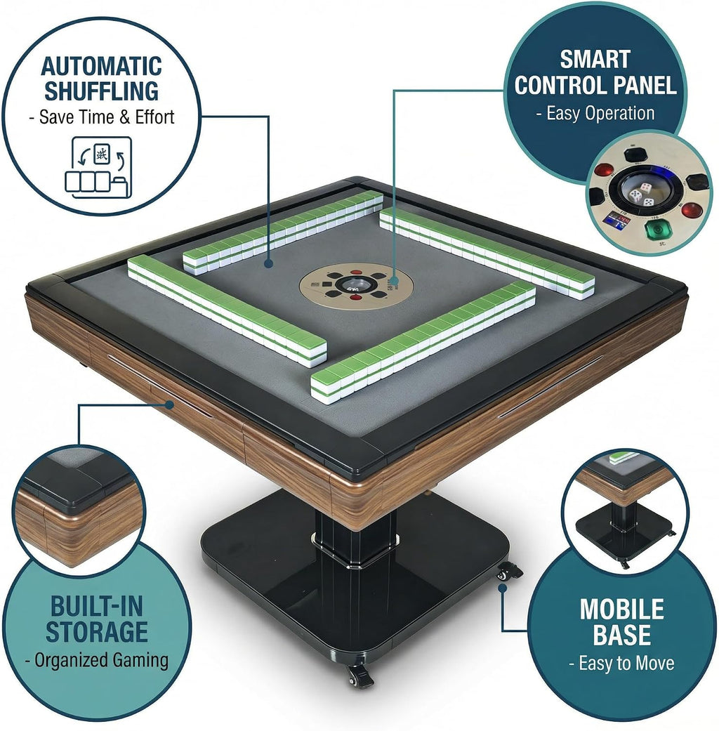 Foldable Ultra-Thin Automatic Mahjong Table with Wheels, Mahjong Table Set with American Chinese & Filipino Style 42mm Numbered Tiles (with Hard Table Cover)