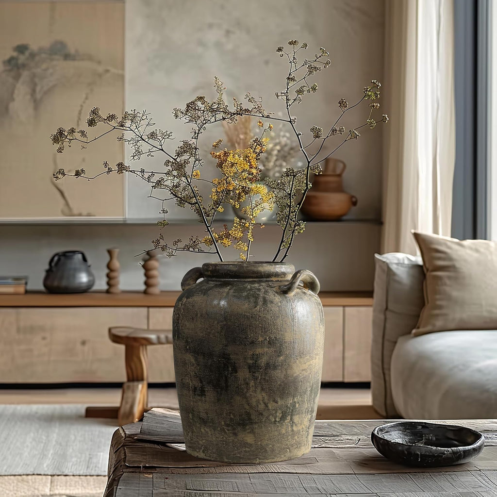 LuxenHome Vintage Ceramic Flower Vase,15''Tall Farmhouse Jug Brown Large Vases for Room Decor,Rustic Terracotta Vase Entry Way Table Home Decor Living Room Home Décor Accents