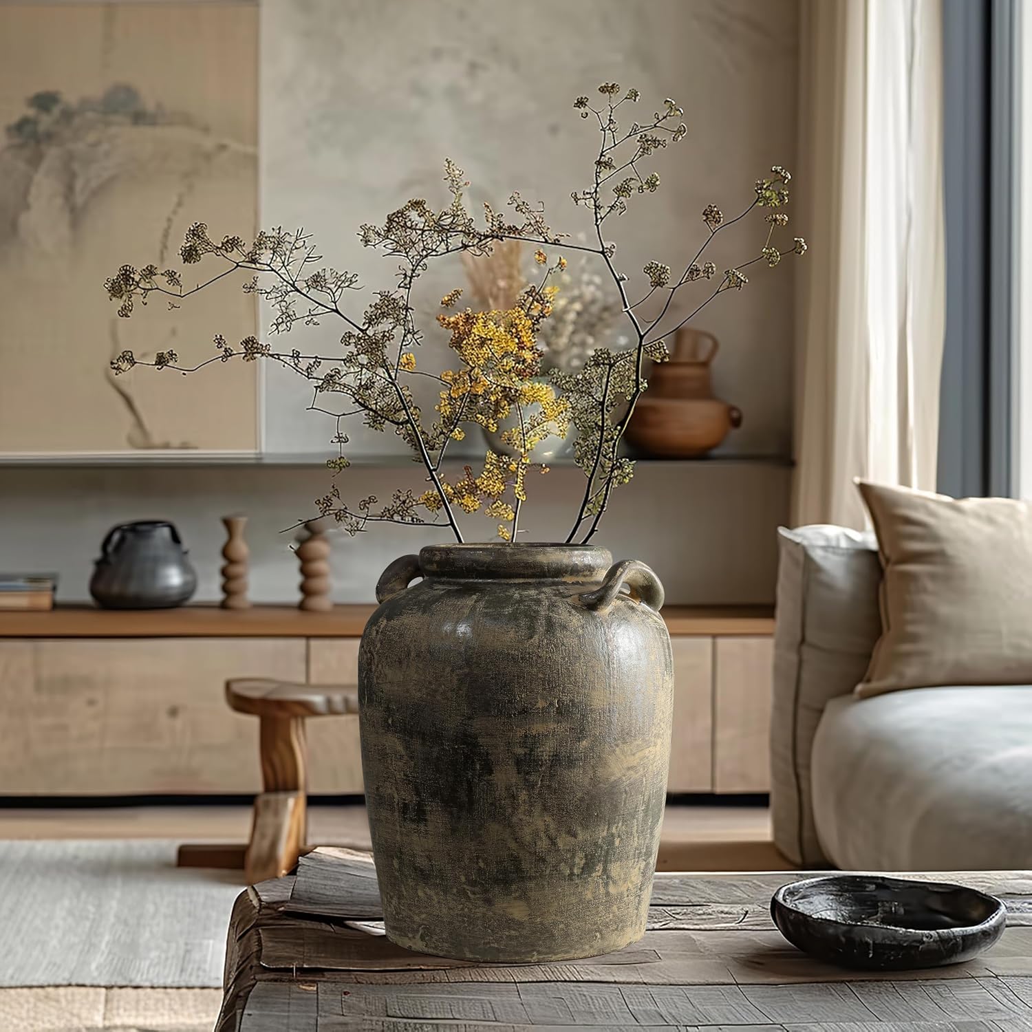 LuxenHome Vintage Ceramic Flower Vase,15''Tall Farmhouse Jug Brown Large Vases for Room Decor,Rustic Terracotta Vase Entry Way Table Home Decor Living Room Home Décor Accents