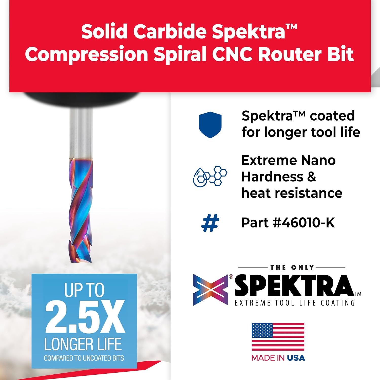 Amana Tool Spektra Extreme Tool Life Solid Carbide CNC Compression Spiral Router Bit, 46010-K, 3/8 D x 1-1/8 CH x 3/8 Shank x 3 Inch Long 3 Flute