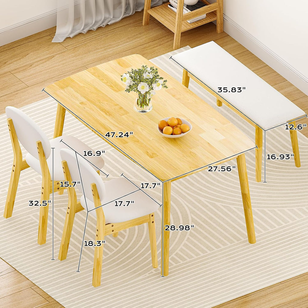 Karl home Dining Table Set for 4, w/ 2 Upholstered Chairs, Bench Seat, 4-Piece Dining Set, Compact Mid-Century Modern Kitchen Table and Chairs for Kitchen/Small Apartment, Solidwood, Nature