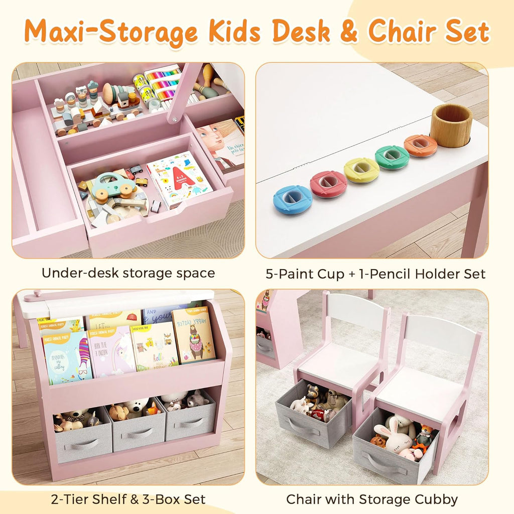5-in-1 Kids Art Table and Chairs, Wood Toddler Table and Chair Set with Storage Drawers, Craft Play Desk for Kids, Convertible Art Easel with Paper Roll Holder, Children Activity Learning Center-Pink