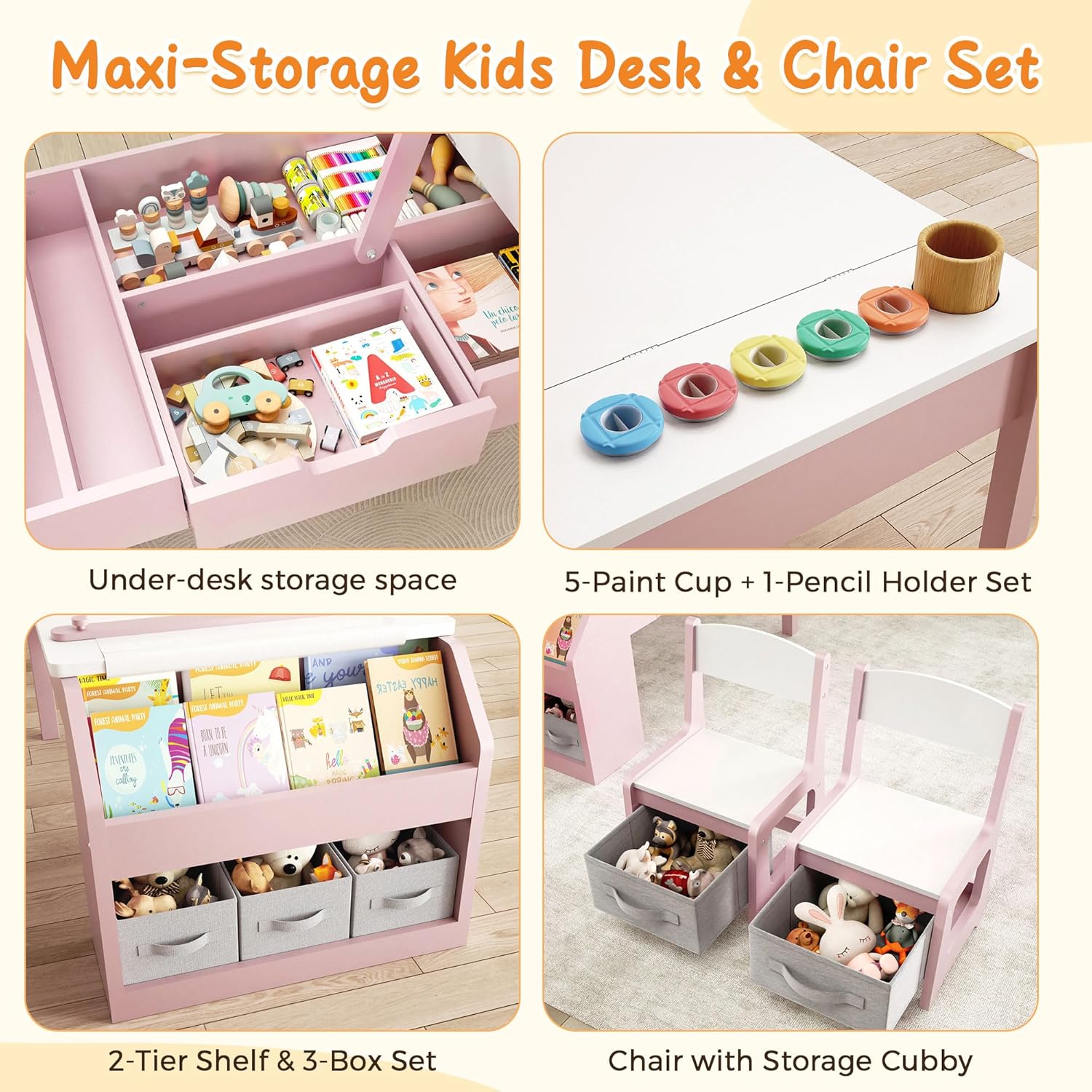 5-in-1 Kids Art Table and Chairs, Wood Toddler Table and Chair Set with Storage Drawers, Craft Play Desk for Kids, Convertible Art Easel with Paper Roll Holder, Children Activity Learning Center-Pink