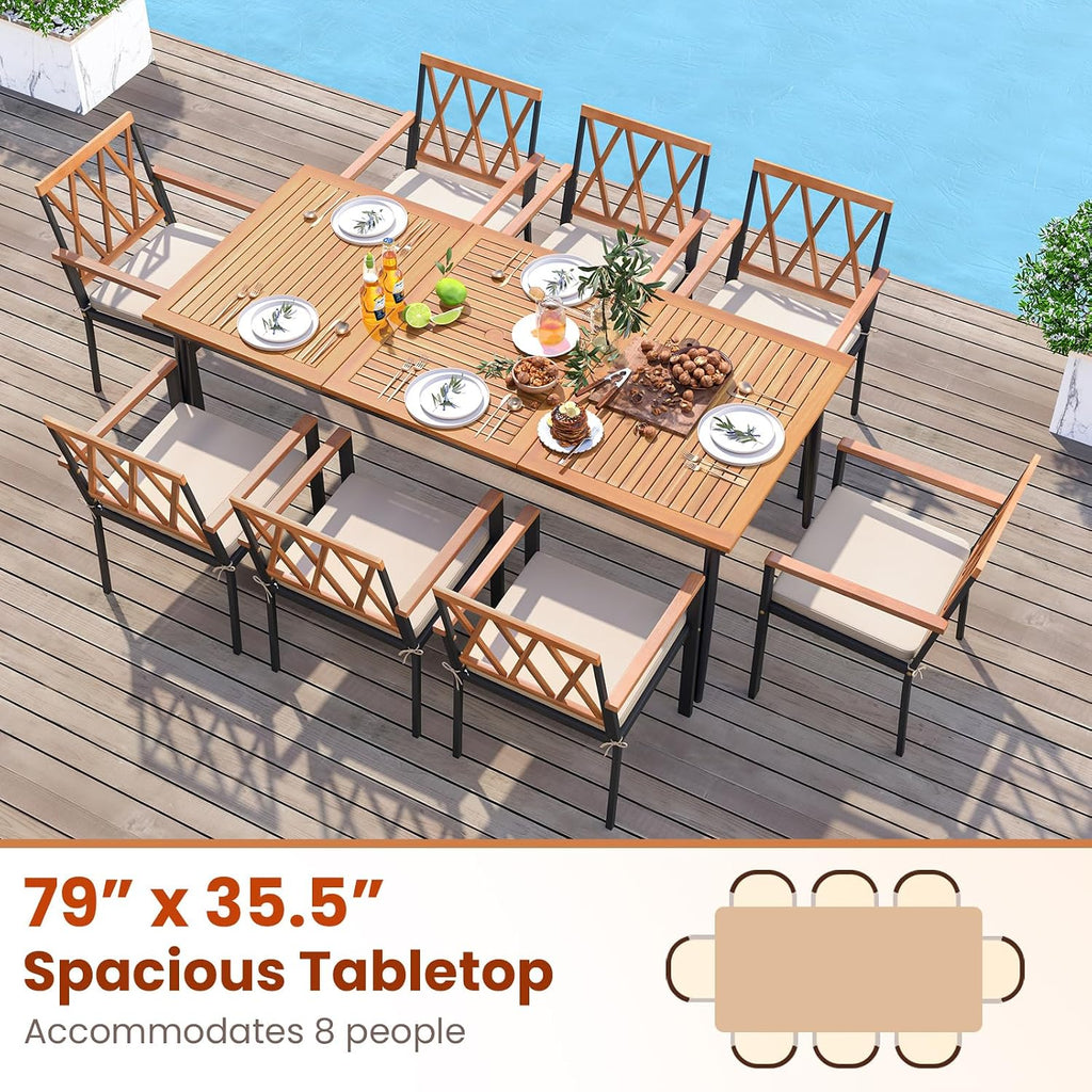 HAPPYGRILL Outdoor Dining Table for 6-8 People, Rectangular Eating Table with 2 inch Umbrella Hole, Sturdy Metal Legs, Patio Acacia Wood Dining Table, Perfect for Porch, Backyard, Garden