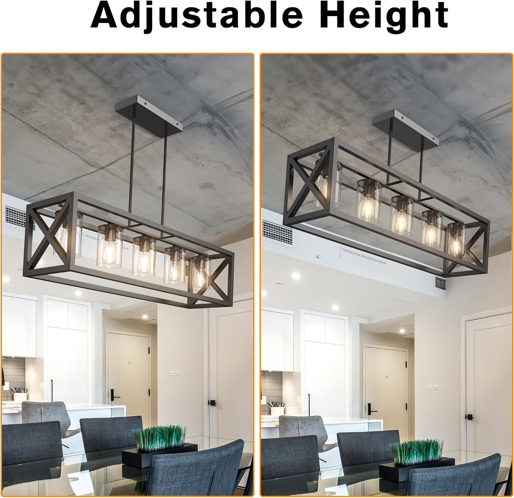 Farmhouse Dining Room Light Fixture - 5 Light Matte Black Rectangle Light Fixture with Adjustable Height & Thickened Metal Dining Table Fixture Chandeliers for Dining Room&Kitchen Island