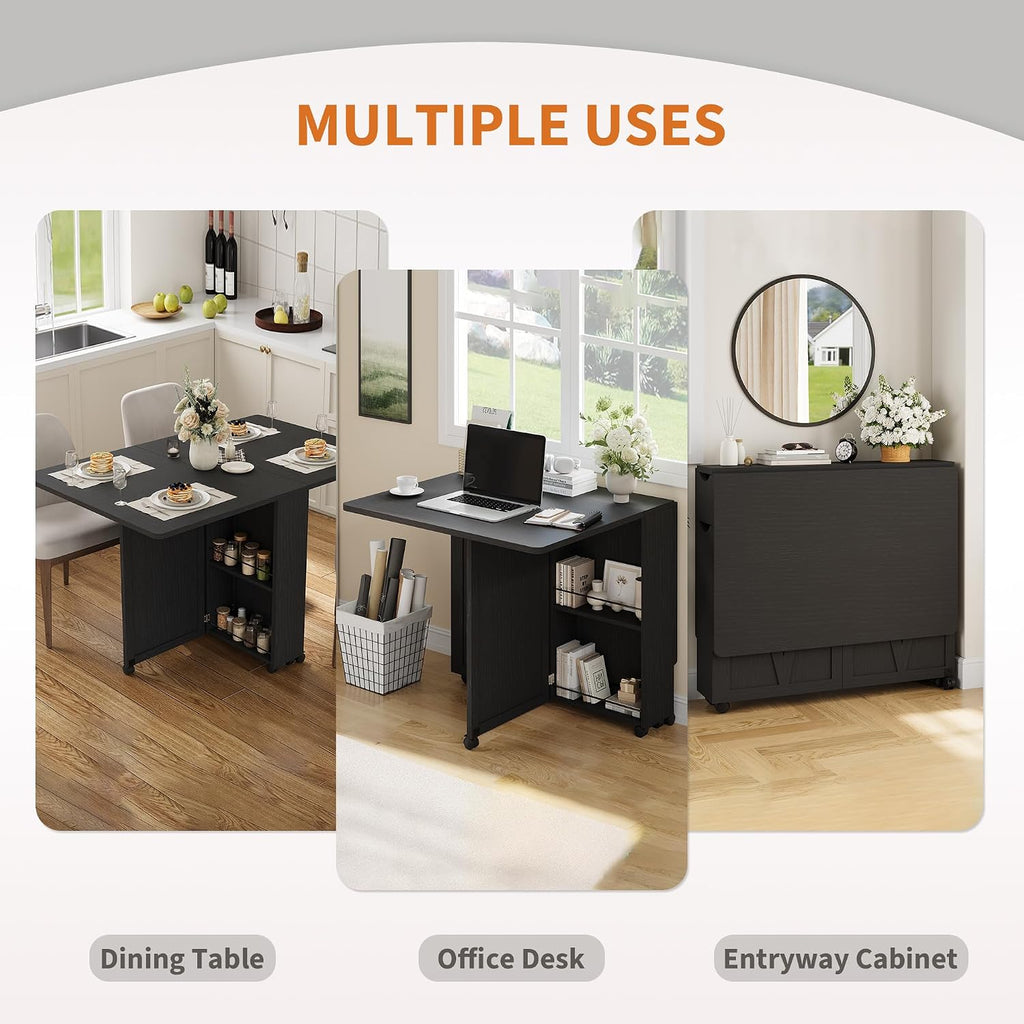 Garvee Folding Dining Table with Storage, Folding Kitchen Table with 6 Wheels, Drawer & Shelves, Compact Dining Table for Small Spaces