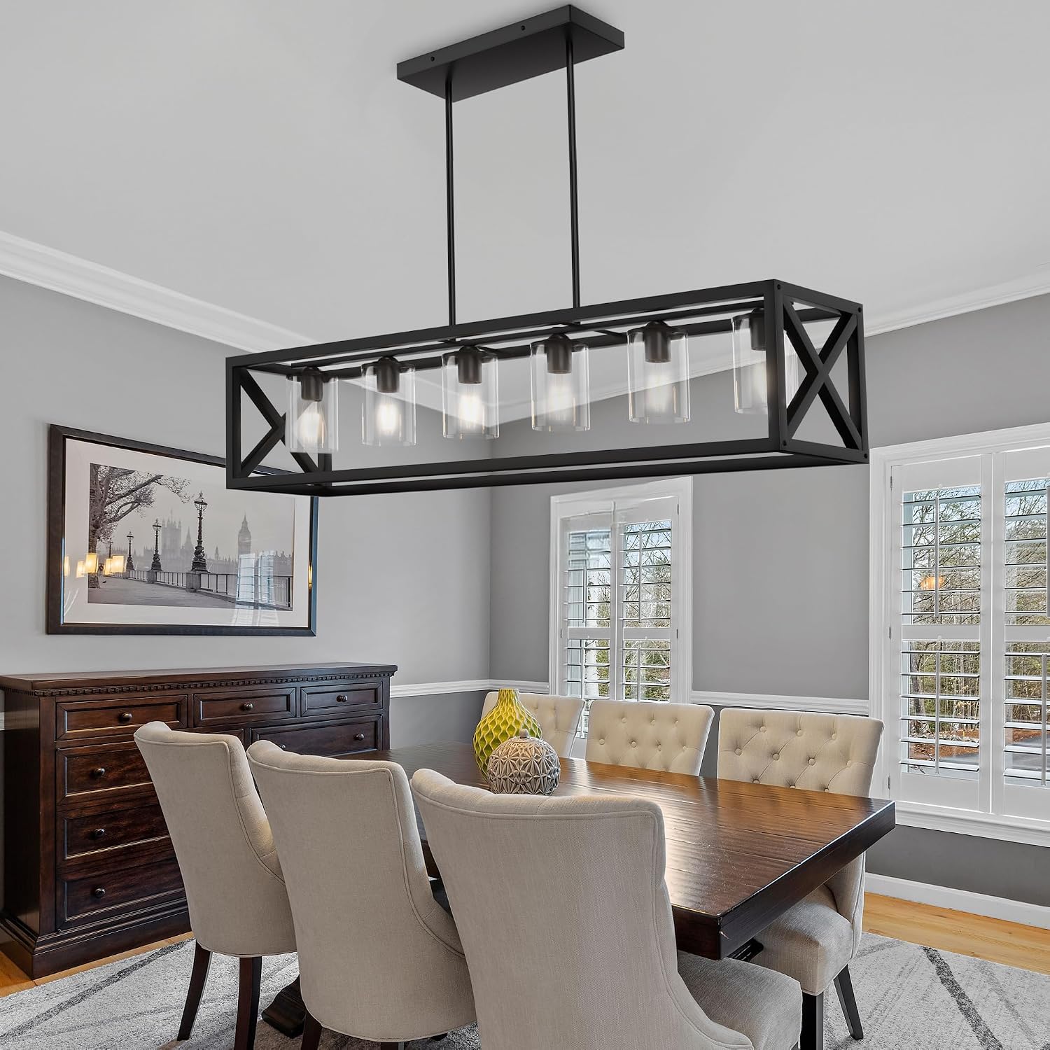 Farmhouse Dining Room Light Fixture - 6 Light Kitchen Island Lighting with Adjustable Height & Thickened Metal Dining Room Light Fixture Over Table，Chandeliers for Dining Room&Kitchen Island