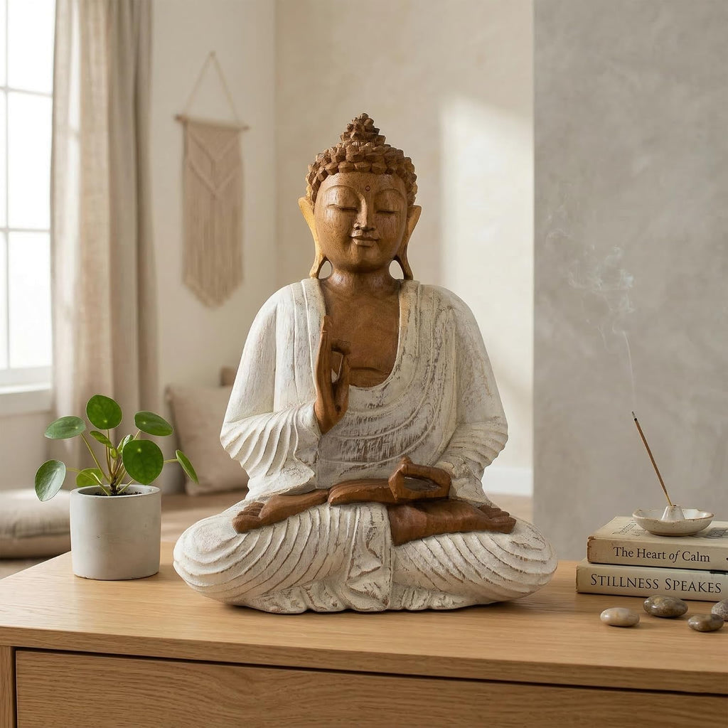G6 Collection Wooden Serene Meditating Sitting Buddha Art Statue Hand Carved Sculpture Home Decor (16' Tall – Whitewashed)