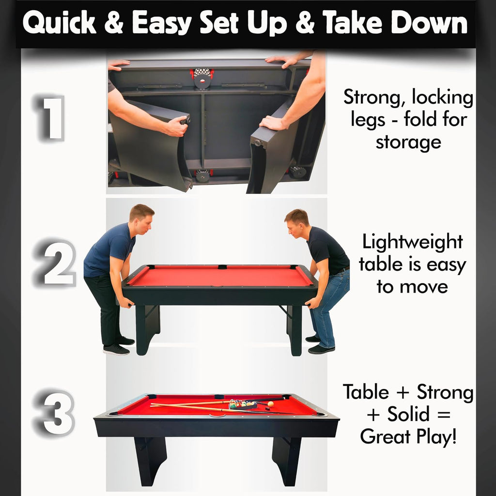 Freetime Fun 6 FT Pool Table, No Assembly, Portable, Includes Billiard Tables Accessories- 2 Pool Cues, Set of Balls, Triangle, Pool Table Brush, Chalk