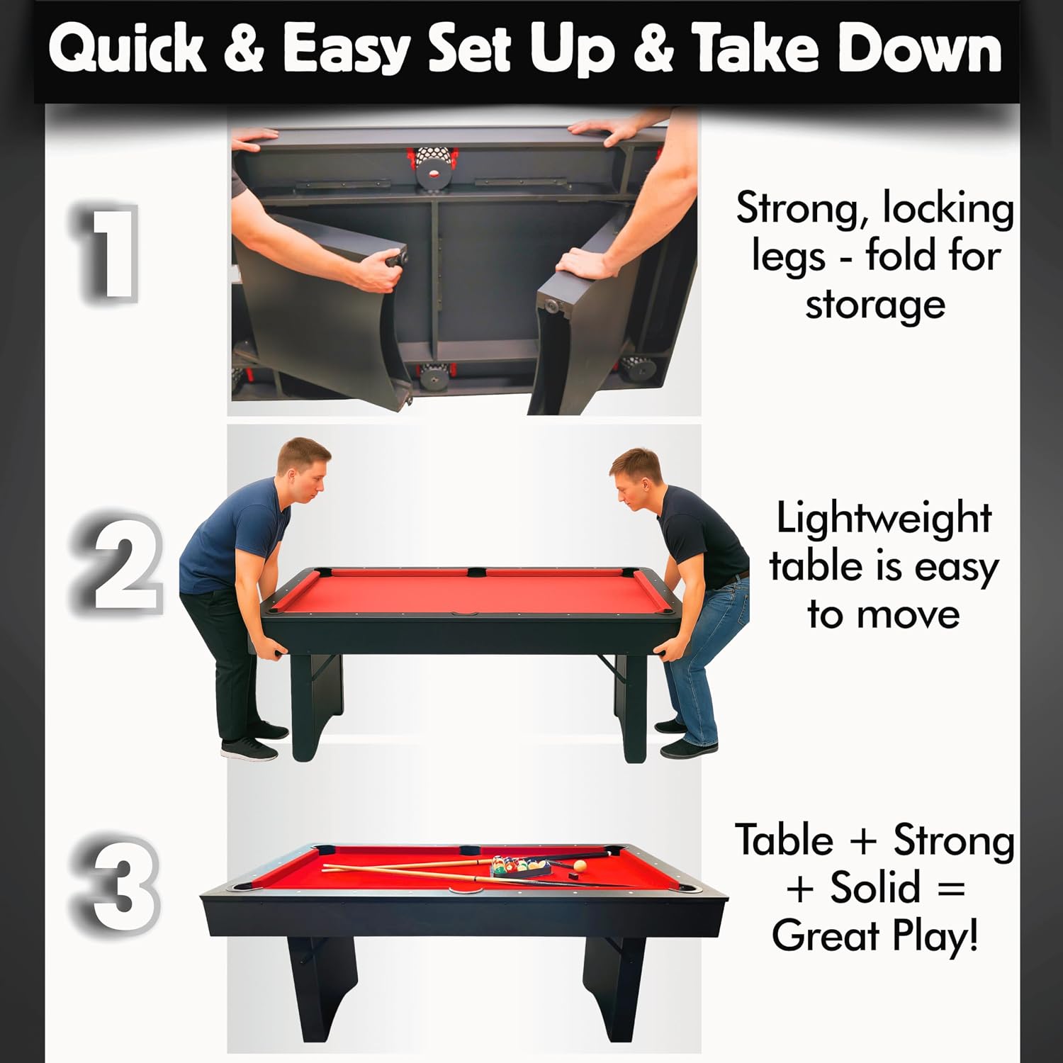 Freetime Fun 6 FT Pool Table, No Assembly, Portable, Includes Billiard Tables Accessories- 2 Pool Cues, Set of Balls, Triangle, Pool Table Brush, Chalk
