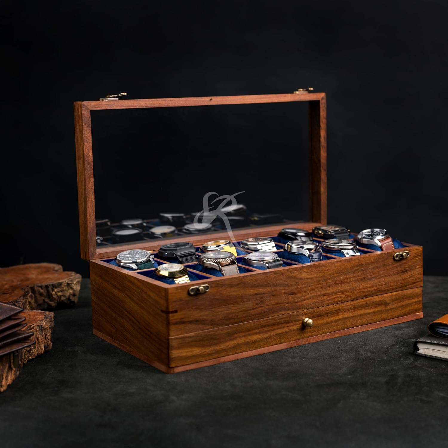 Royal Craft Expertise Personalized Watch Box with Drawer, Indian Rosewood Watch Box for Men, Handmade Watch Case, Custom Mens Drawer Watch Box with Velvet Lining, Made for Special Days.