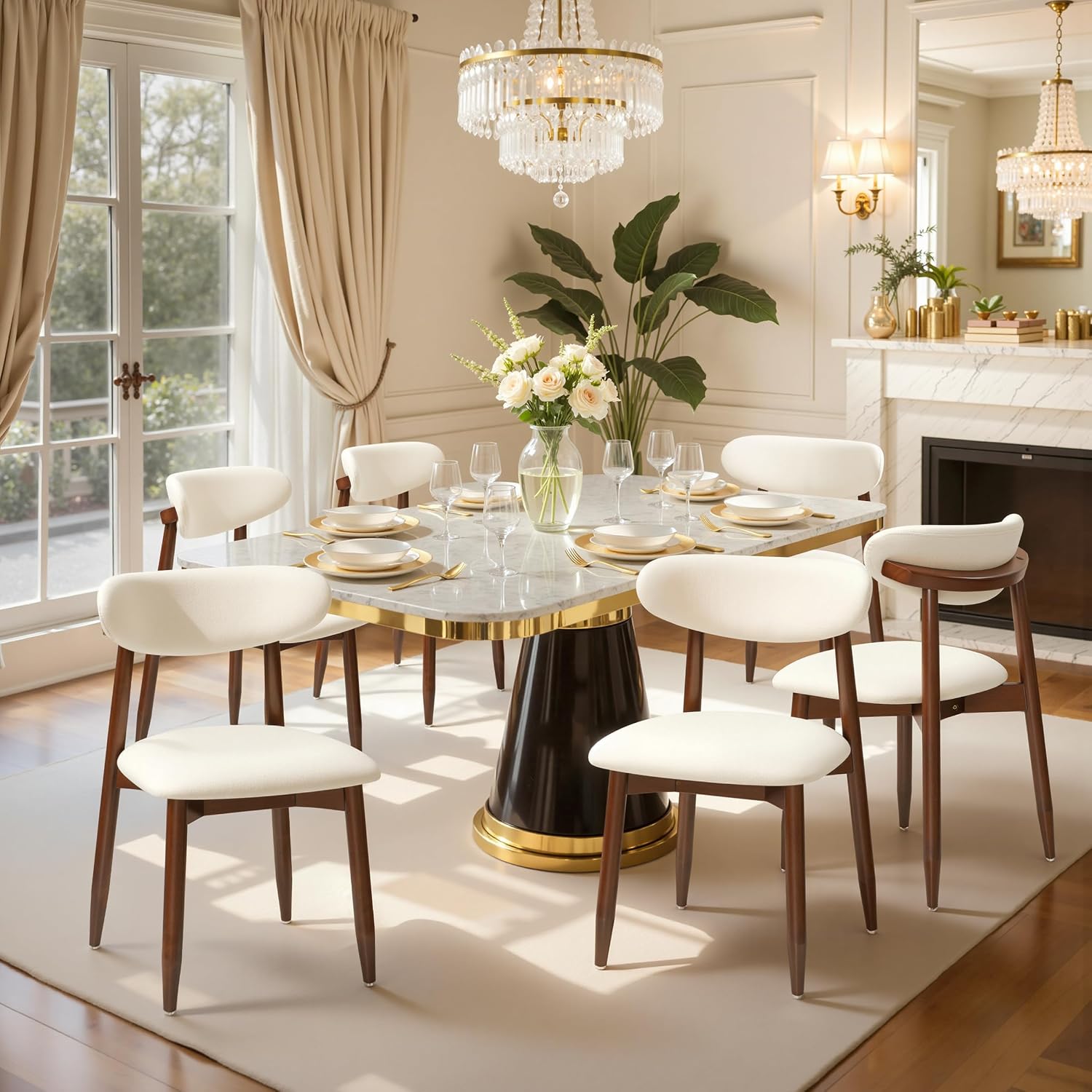CHUN YI Dining Chairs Set of 6, Upholstered Solid Wood Dining Room Chairs, Mid Century Modern Fabric Kitchen Side Chairs with Ergonomic Curved Back, Beige