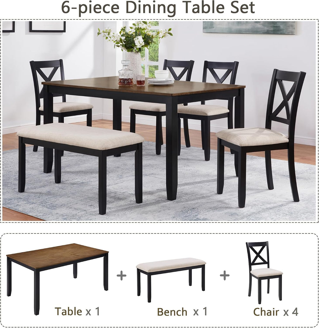 Harper & Bright Designs Dining Table Set for 6 with Bench, 6-Piece Farmhouse Kitchen Set in Black & Oak Two-Tone, Solid Wood Frame Table & 4 Chairs for Dining Room