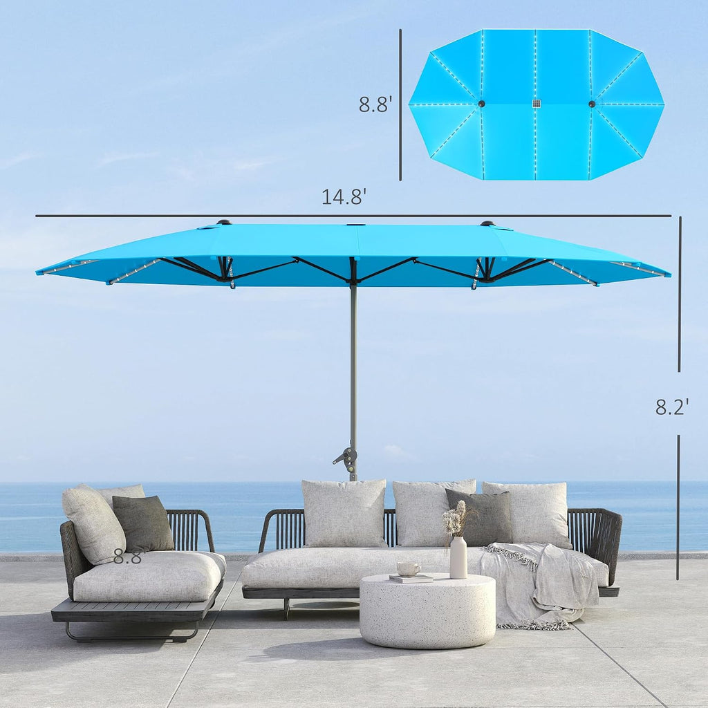 Outsunny 15ft Extra Large Patio Umbrella with Bright Solar Lights, Aluminum UPF50+ Double-Sided Outdoor Table Market Umbrella with Fiberglass Ribs Crank Air Vents for Backyard Deck Pool