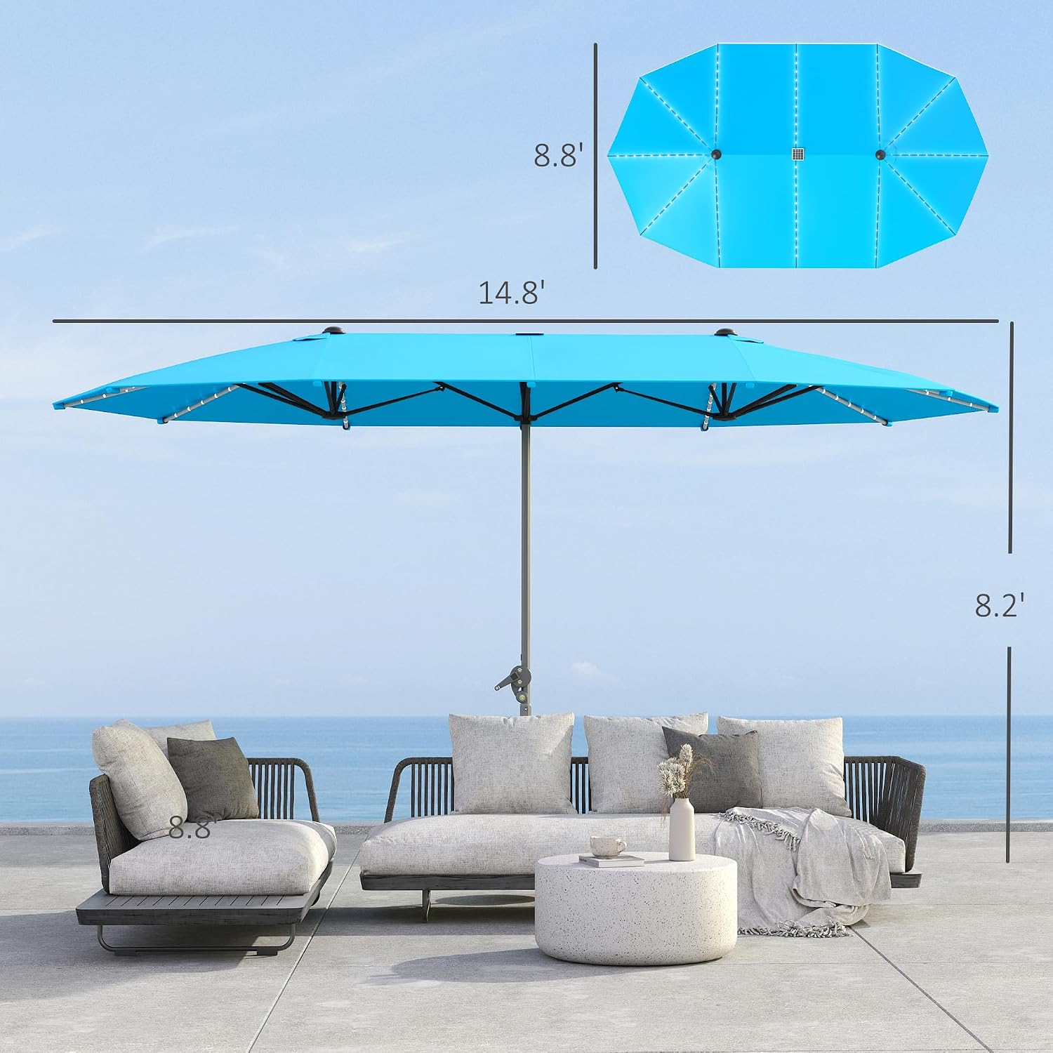 Outsunny 15ft Extra Large Patio Umbrella with Bright Solar Lights, Aluminum UPF50+ Double-Sided Outdoor Table Market Umbrella with Fiberglass Ribs Crank Air Vents for Backyard Deck Pool