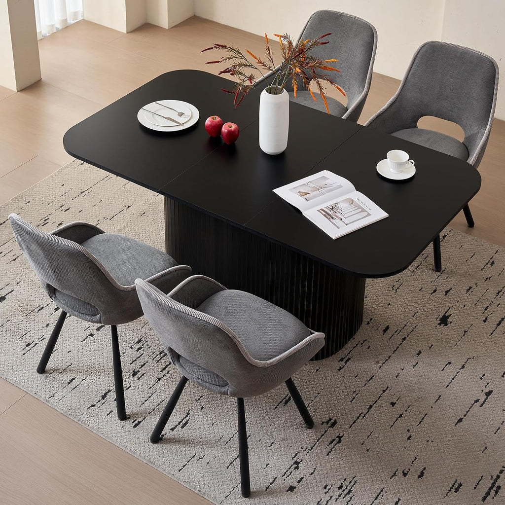Large 63' Large Dining Table for 4 6, [Rounded Corners] [Grooved Pedestal Base] Modern Rectangle Kitchen Dinner Dining Living Room Table Black