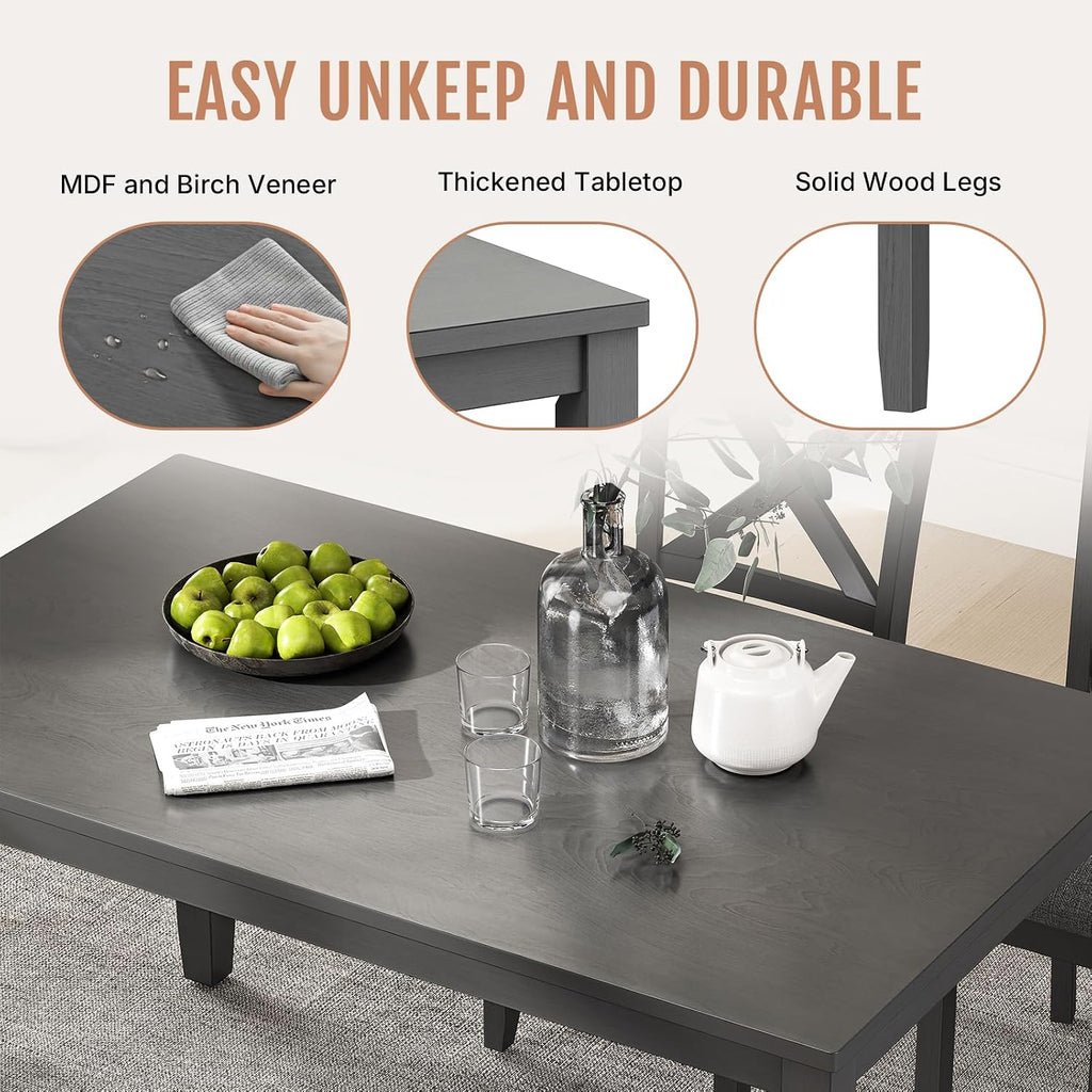 Zevemomo 6-Piece Wooden Dining Table Set, Dining Table Set for 6, Including 1 Dining Table, 4 Upholstered Chairs and 1 Bench, Wooden Legs Dining Table, Table Set for Dining Room, Grey