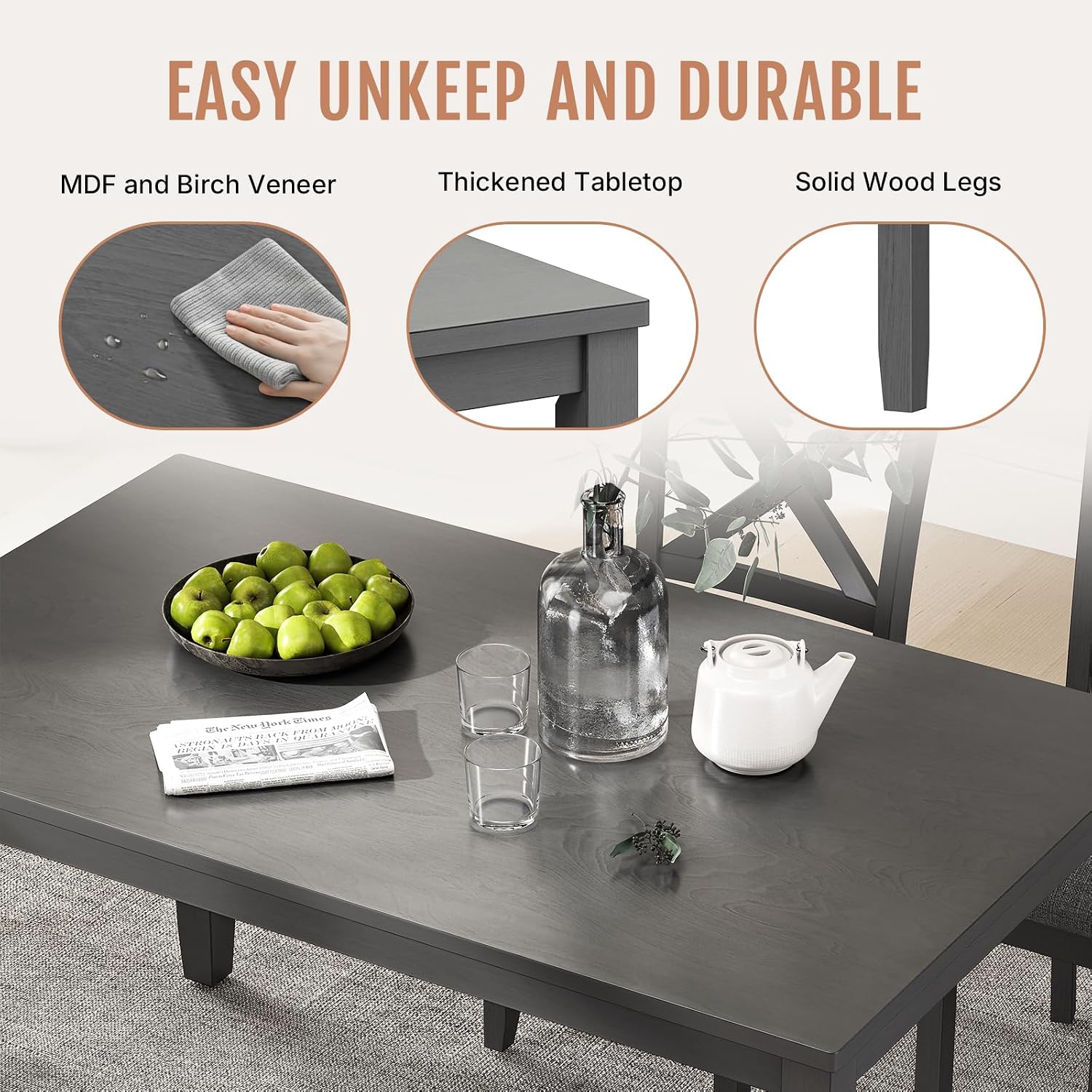 Zevemomo 6-Piece Wooden Dining Table Set, Dining Table Set for 6, Including 1 Dining Table, 4 Upholstered Chairs and 1 Bench, Wooden Legs Dining Table, Table Set for Dining Room, Grey