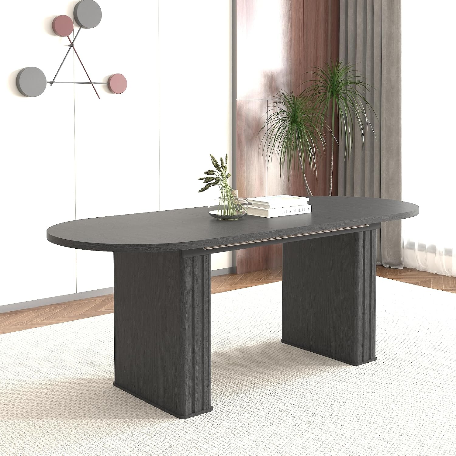 78.74'' Extendable Oval Dining Table with for 4-8, Modern Mid-Century Wood Expandable Kitchen Dinner Conference Table for Living Room Office, Black