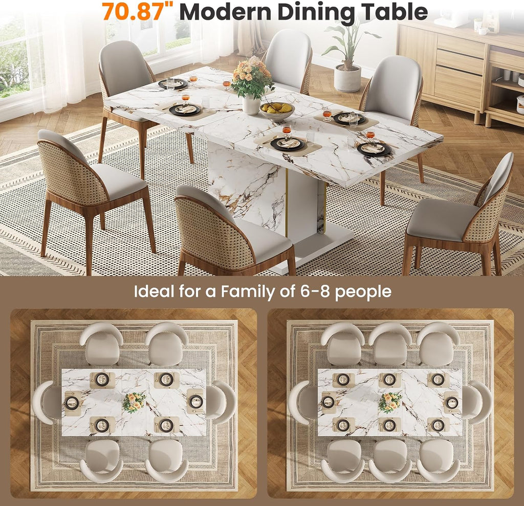 HOMISSUE 70' Faux Marble Dinner Table，Rectangle Modern White Dining Table for 6-8 People，Large Kitchen Furniture Table with Sturdy Base for Dining Room, Living Room, White
