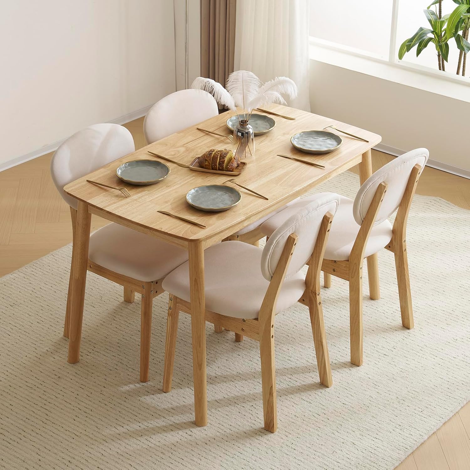 Karl home 5-Piece Dining Table Set, Dining Table Set for 4, Compact Mid-Century Modern Kitchen Table & Chair, w/ 4 Chairs, for Kitchen/Small Apartment, Solidwood, Nature
