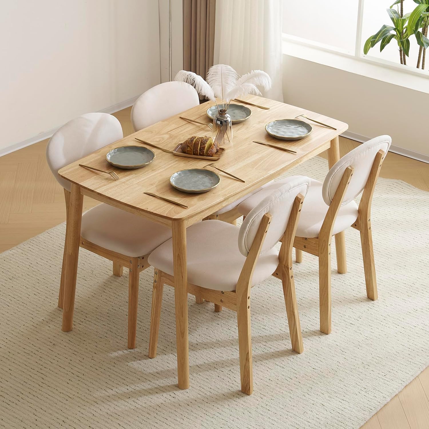 Karl home Mid-Century Modern 5-Piece Wood Dining Table Set for 4, Compact Mid-Century Modern Kitchen Table and Chairs for Kitchen/Small Apartment/Dining Room, Padded Seats & Backrests (Nature)