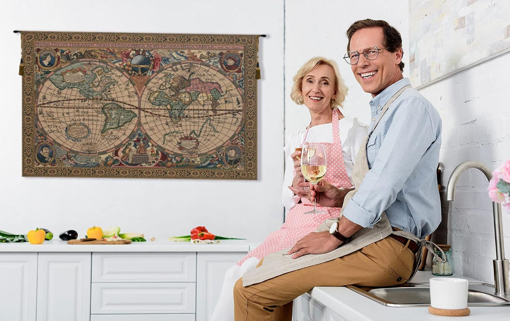 C Charlotte Home Furnishings Inc Map Mercator Belgian Tapestry Wall Hanging | Viscose Cotton and Polyester Blend Wall Art | 22 in. x 33 in | Home Decor Accents