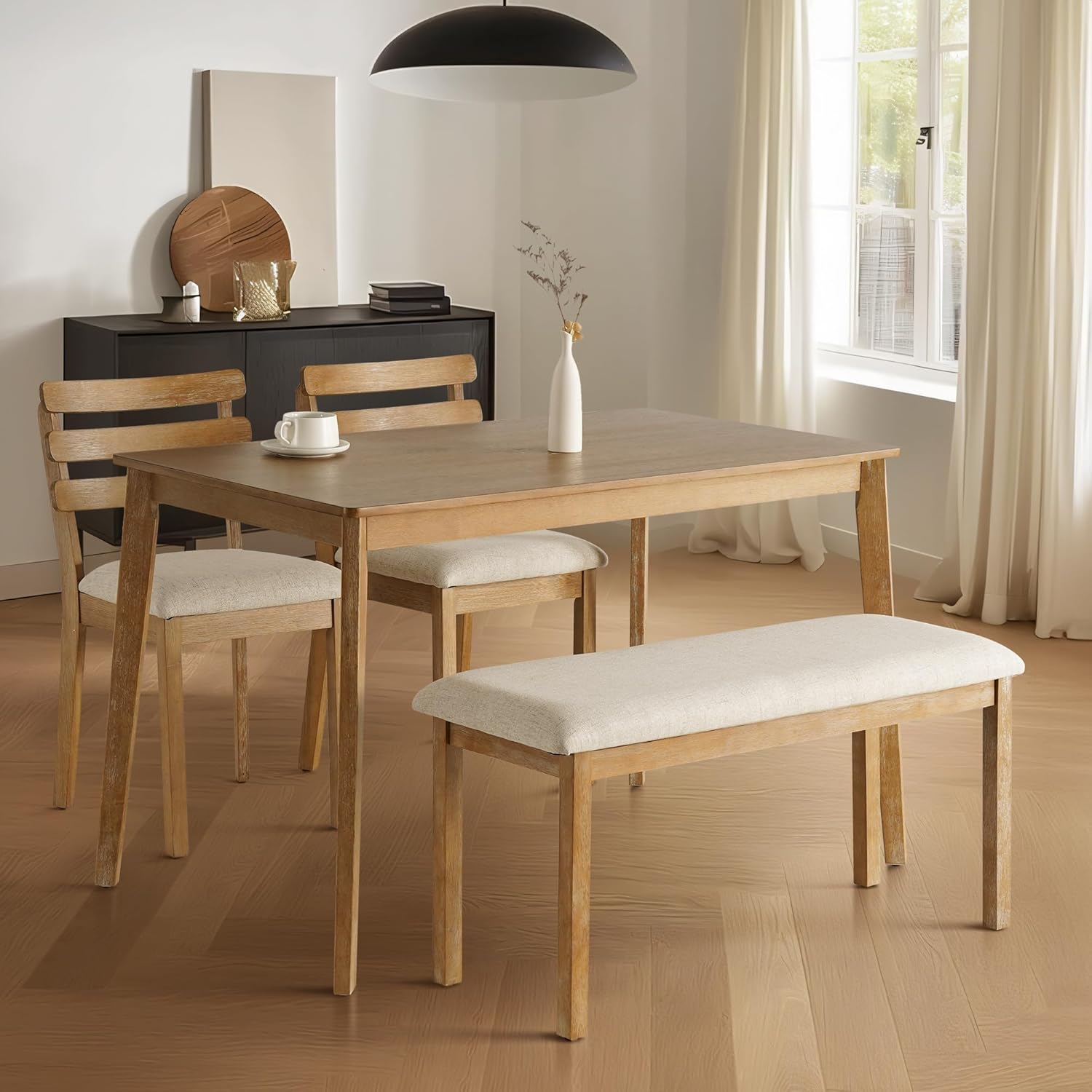 SIMTONAL 4-Piece Farmhouse Dining Set, Wooden Table with 2 Chairs, Bench Seat, Mid-Century Modern Wooden Table & Upholstered Chair Set for Home, Kitchen, Dining Room, Solidwood Legs