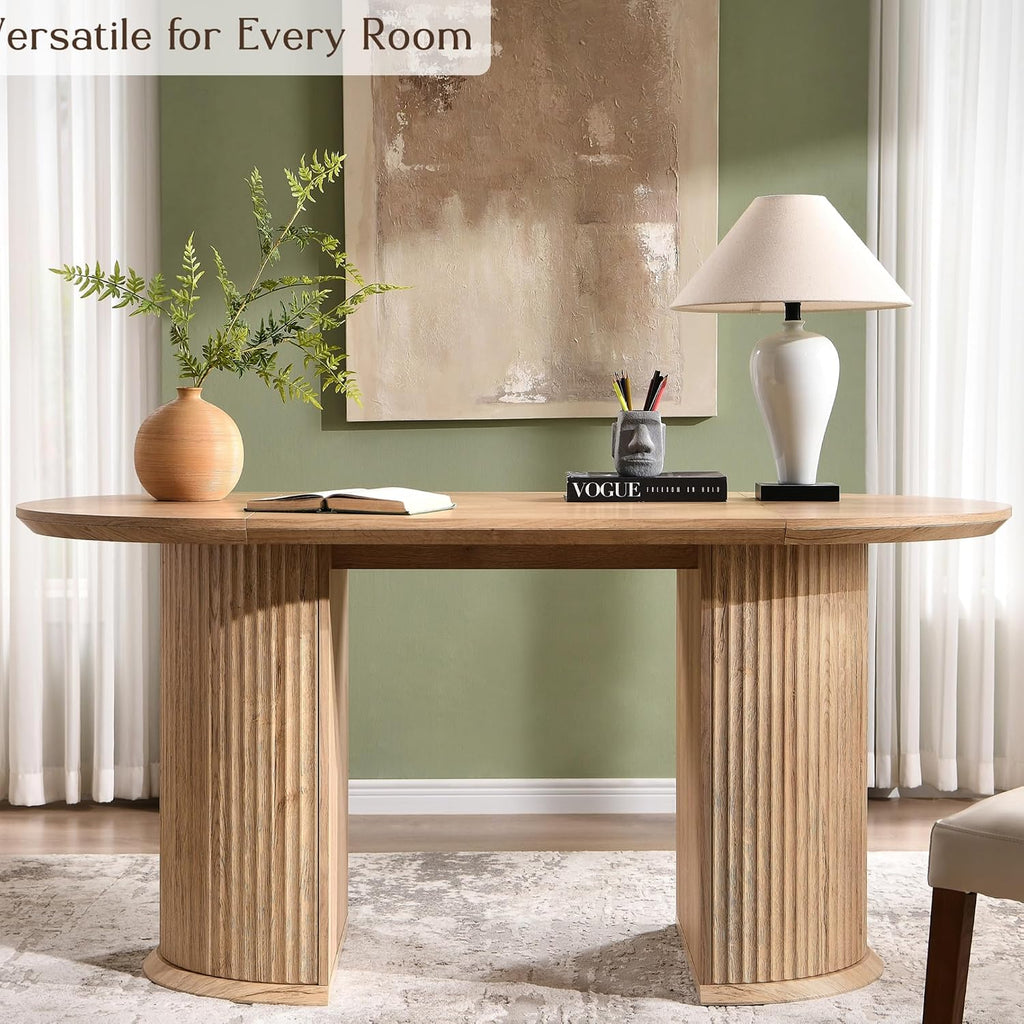 T4TREAM 63' Fluted Oval Dining Table for 4-6, Mid-Century Modern Kitchen Table with Thickened Edge & Semi-Cylindrical Base, Wood Table for Dining Room/Kitchen/Home Office, Natural Oak (Table Only)