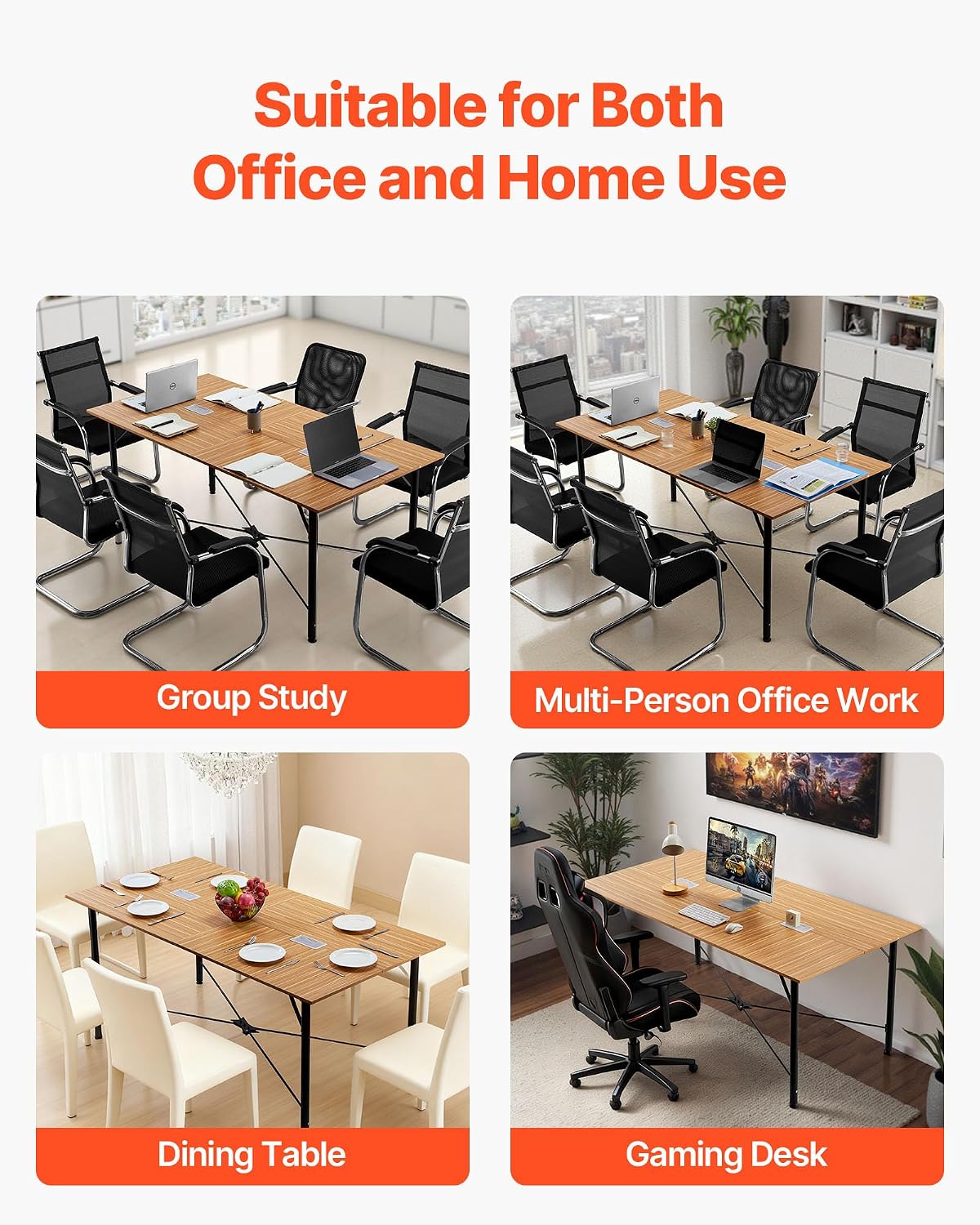 VEVOR Conference Table, 6 ft Office Meeting Table for 6-8 Person, Modern Rectangle Seminar Desk with Metal Legs, Meeting Desk Ideal for Office, Boardroom, Conference Room, Easy Assembly, Brown
