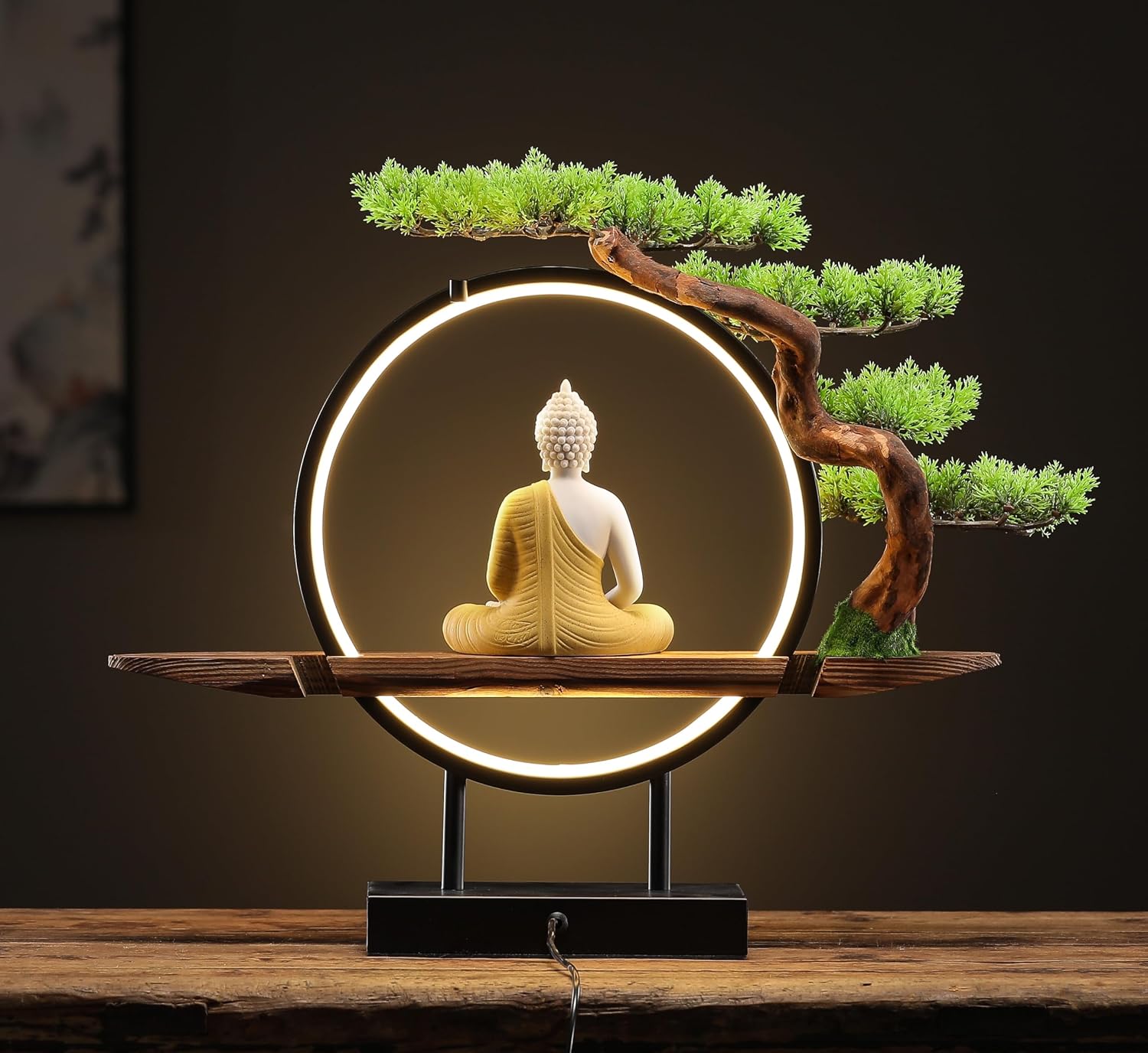 Houlu Yellow Buddha Statue with Green Artificial Tree and LED Circle Table Lamp, Indoor Ceramic Buddha Statues for Home Decor, 16.5 in